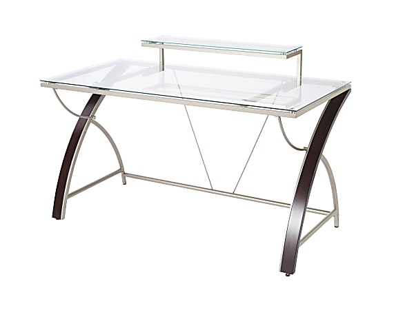 Computer Desk Cherry Finish Silver Bracing Glass Top Contemporary