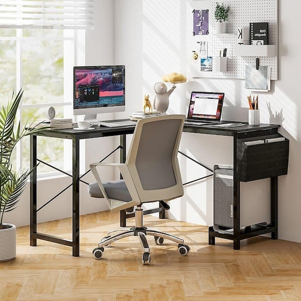 Computer Desk Dark Gray L-Shaped Side Storage Bag Monitor Riser