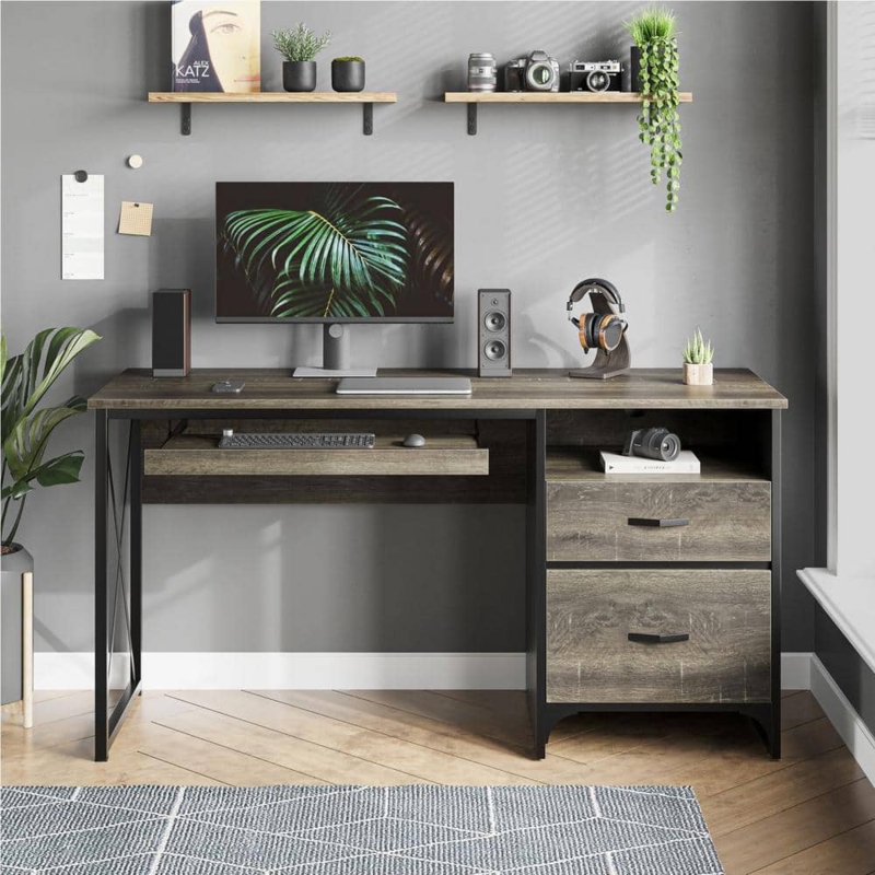 Computer Desk Dark Grey Oak X Brace Frame Keyboard Tray Industrial