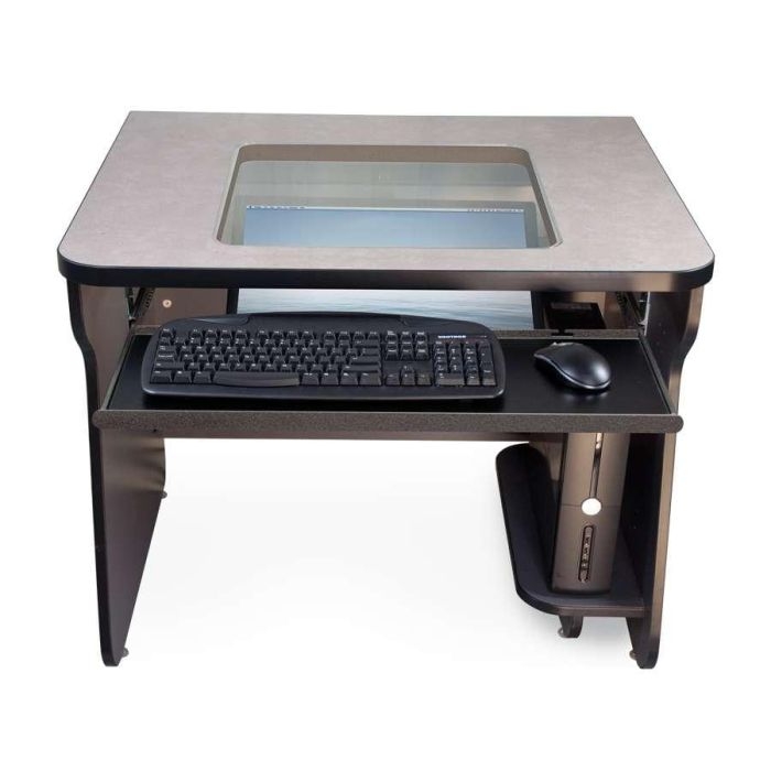Computer Desk Downview Glass Top Sub-Surface LCD Mount and Keyboard Tray