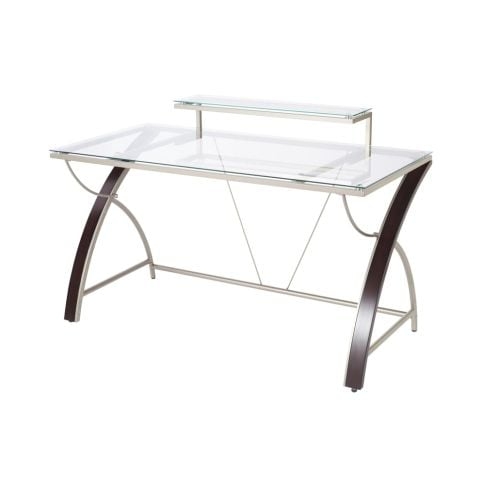 Computer Desk Espresso Wood Frame Glass Top 55 Inch Contemporary Design