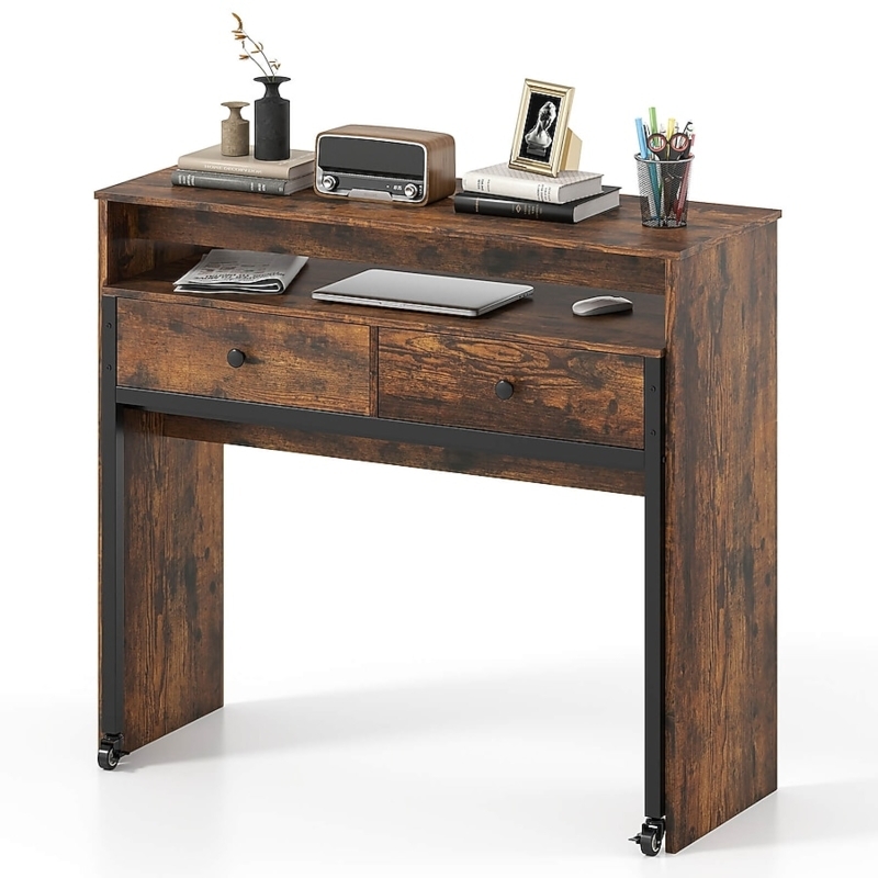 Computer Desk Expandable Tiered Surface Rolling Casters Contemporary