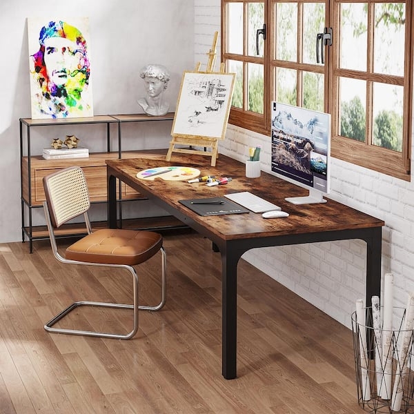Computer Desk Extra Long Two Person Industrial Layout Wood Metal