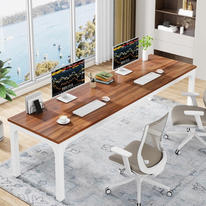 Computer Desk Extra Long Two Person Walnut White Metal