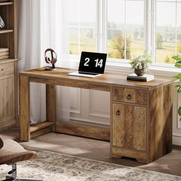 Computer Desk Farmhouse Rustic Brown X-Brace Sides Storage Cabinet