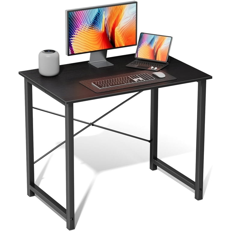 Computer Desk featuring Side Storage Bag and Utility Hooks, Black Metal.