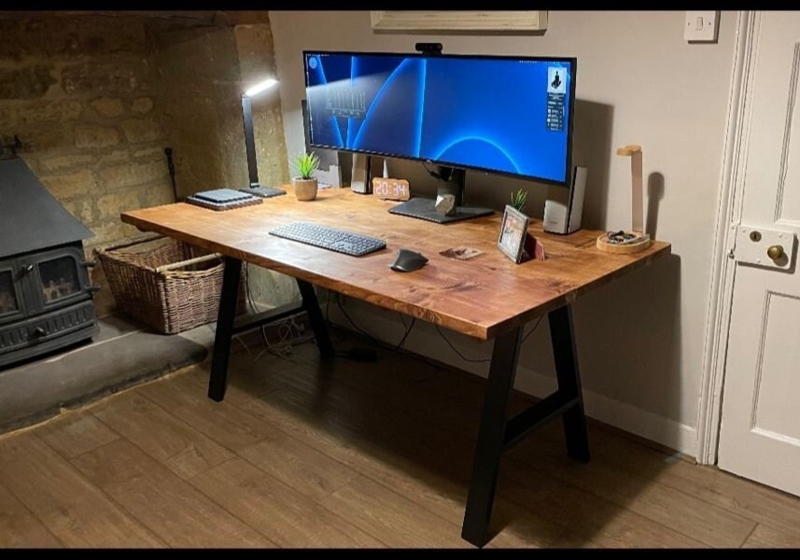 Computer Desk Flamed Finish Trestle Leg Rustic Industrial Office