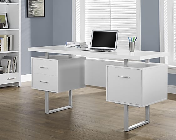 Computer Desk Floating Top Design Thick Side Pedestals All White Modern