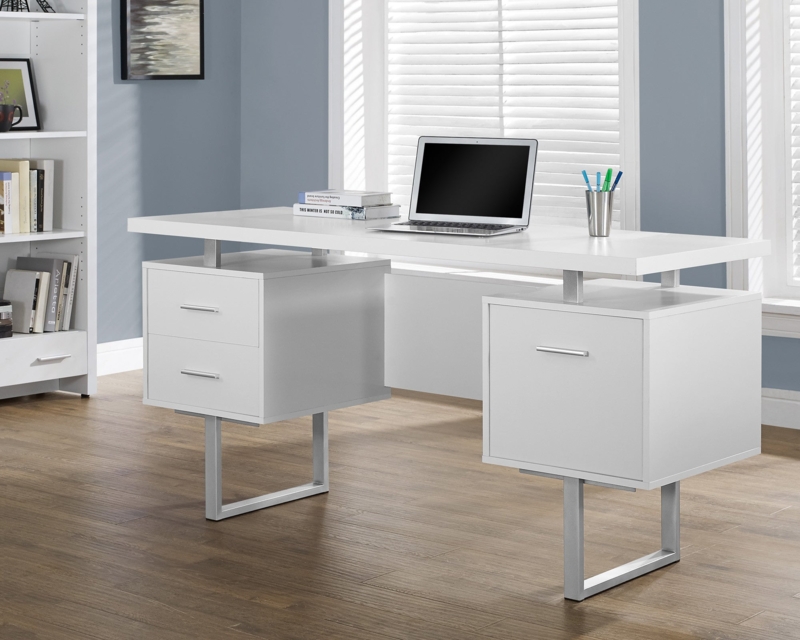 Computer Desk Floating Top Design with Three Drawer Pedestal, White