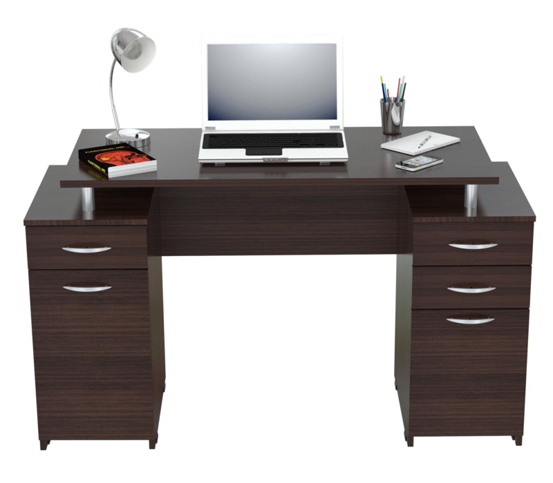 Computer Desk Four Drawers Keyboard Tray Silver Hardware Dark Wood