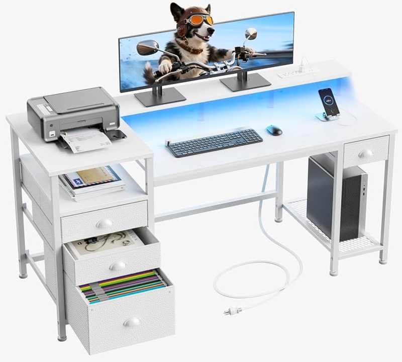 Computer Desk Gaming Setup with LED Lighting, Fabric Drawers and Hutch