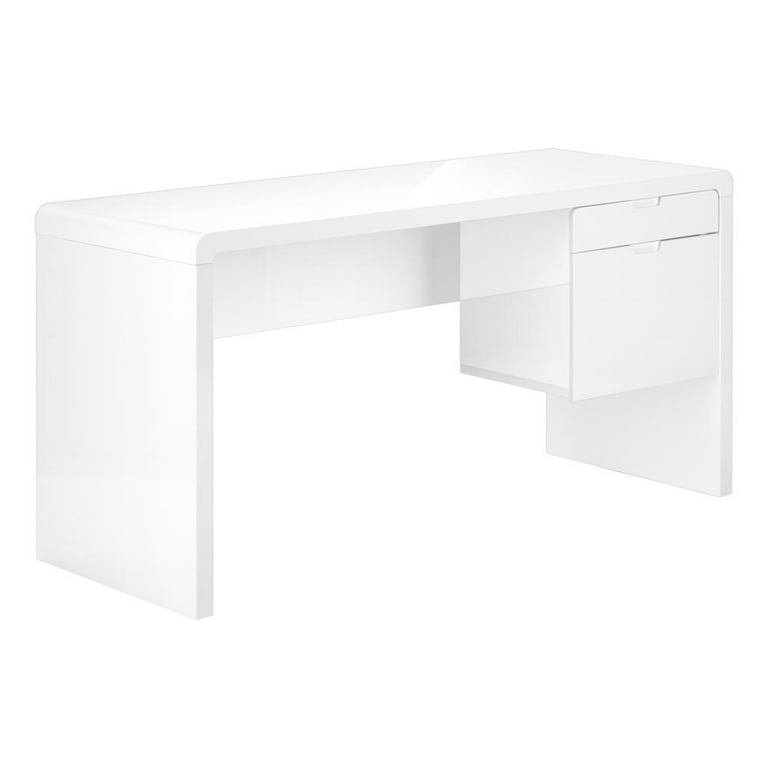 Computer Desk Glossy White Thick Panel with Glass Side Support Leg