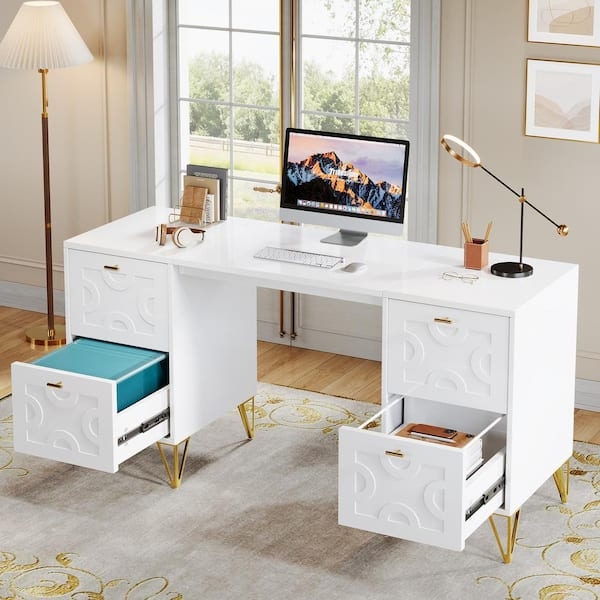 Computer Desk Gold Sled Legs Four-Drawer Storage Glam Style Layout