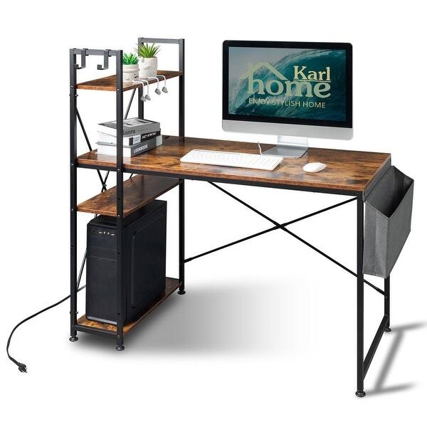 Computer Desk H-Shape Design with Rustic Wood Finish and USB Ports