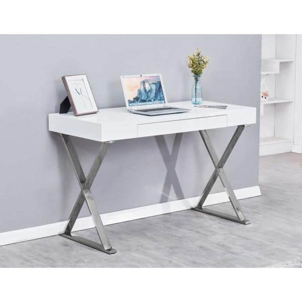 Computer Desk High Gloss White Polished Metal Trestle Silhouette