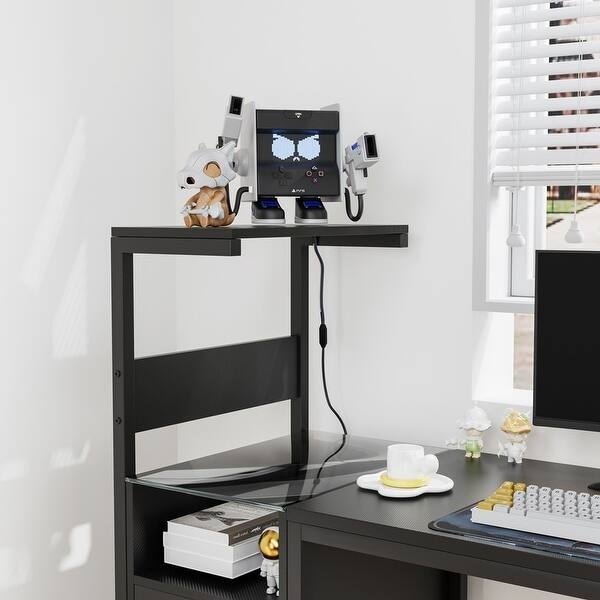Computer Desk Industrial Dark Wood Side Shelves Headphone Hook