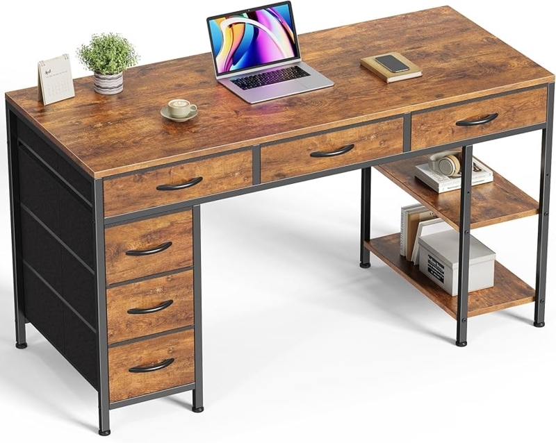 Computer Desk Industrial Style with Hutch and Six Fabric Drawers