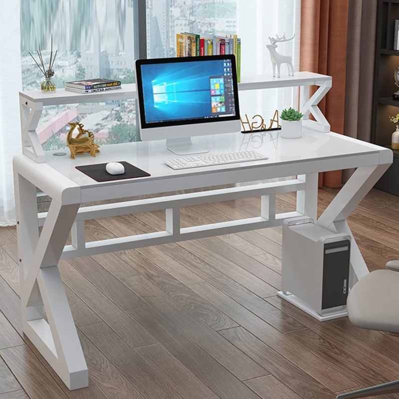 Computer Desk Integrated Bookshelf Glass Compact Workstation