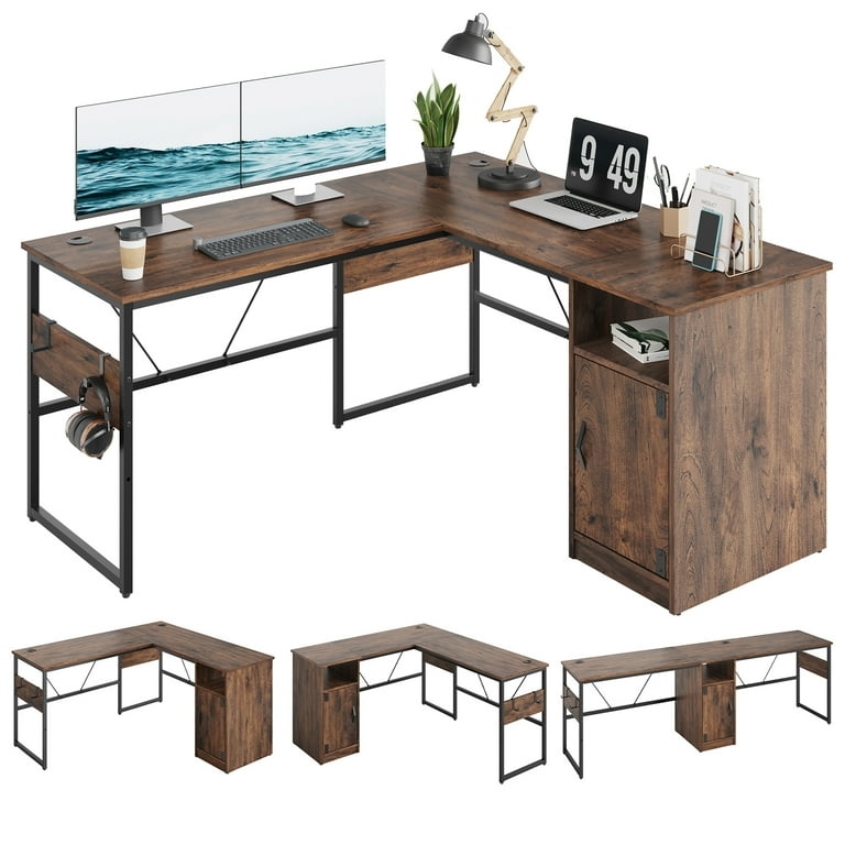 Computer Desk L-Shaped Cherry Wood Open Shelving Storage Cabinet