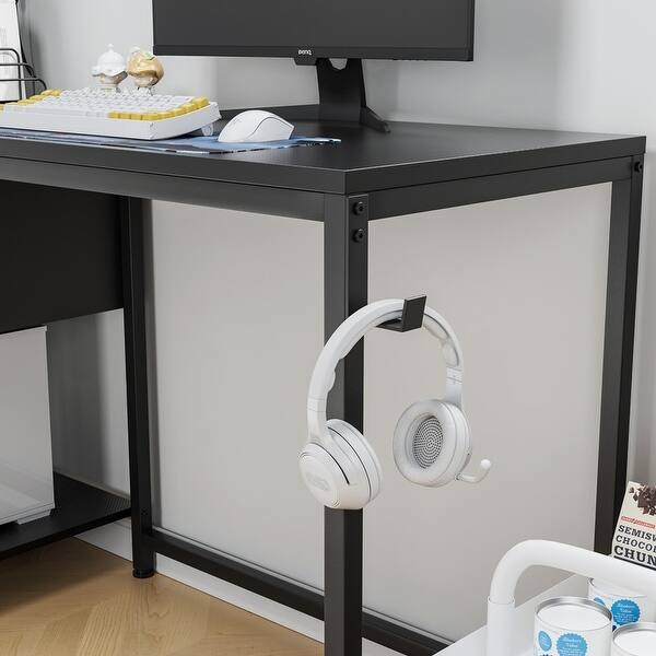 Computer Desk L-Shaped Dark Brown Monitor Riser Built-In Outlets