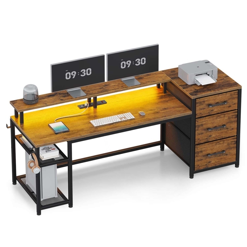 Computer Desk L-Shaped Industrial Rustic LED Lighting Power Outlets