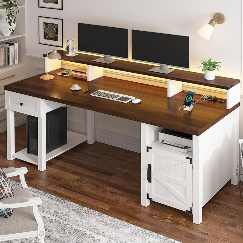 Computer Desk L-Shaped White Monitor Riser Built-In Outlets