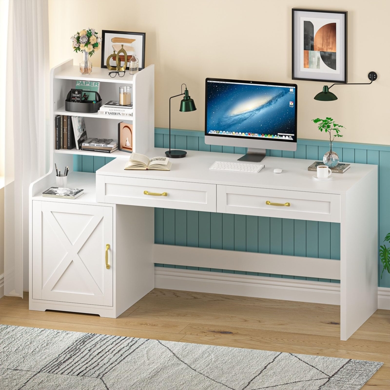 Computer Desk L-Shaped with Integrated Bookcase and Drawers, White Finish