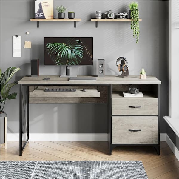 Computer Desk Light Grey Oak Integrated Side Drawers Functional Storage