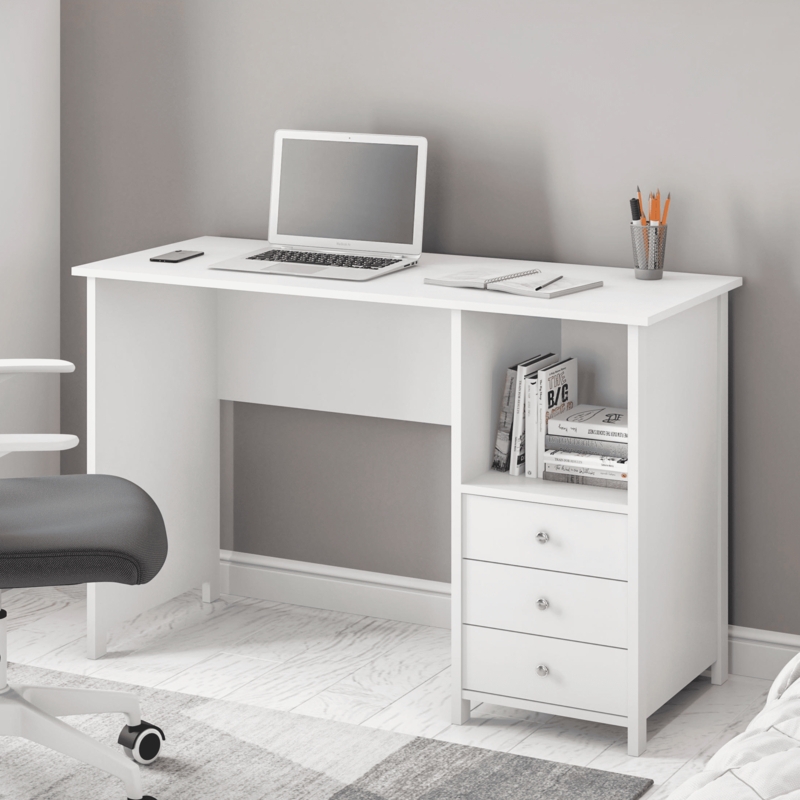 Computer Desk Modern Minimalist with Silver Metal Frame and Drawers