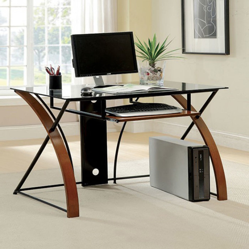 Computer Desk Oak Wood Toned Multi-Tier Shelving X-Brace Sides