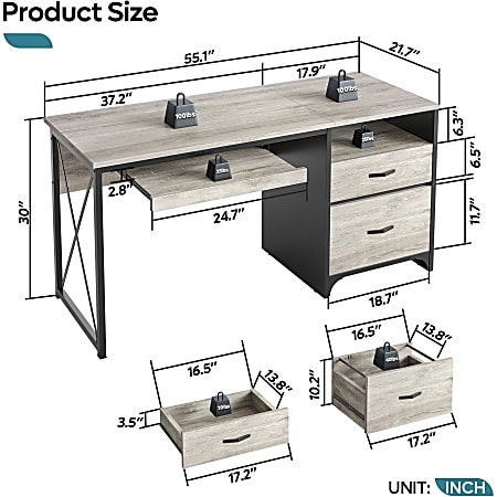 Computer Desk Retro Grey Oak Finish with Keyboard Tray and Drawers