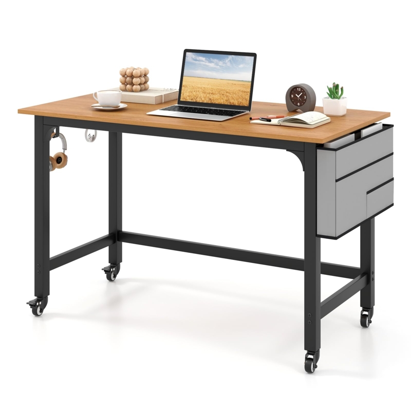 Computer Desk Rolling Casters, Natural Finish, Rolling Small Space Desk