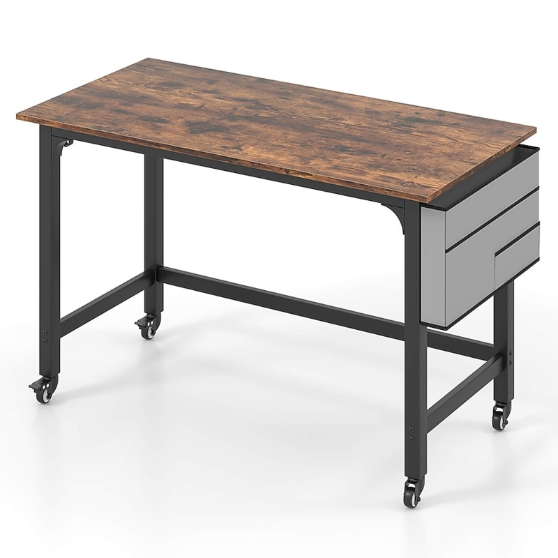 Computer Desk Rolling Casters Tiered Shelving Compact Design Wood Toned