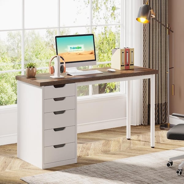 Computer Desk Rustic Brown Wood Top White Frame Five Drawers