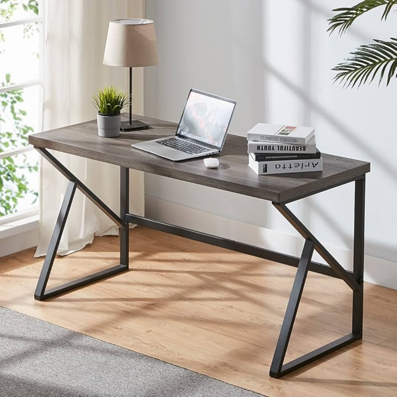 Computer Desk Rustic Grey Oak X-Frame Bracing Industrial Writing Table