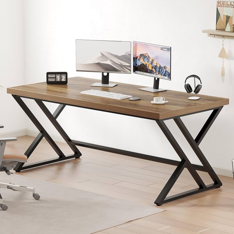 Computer Desk Rustic Oak V-Shaped Bracing Industrial Home Office Layout