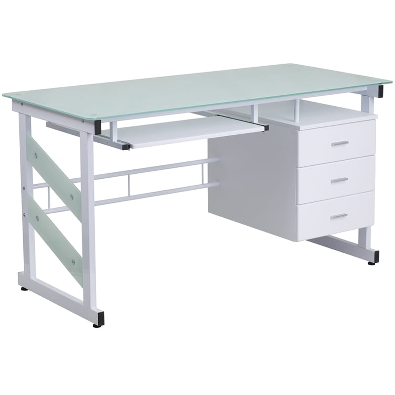 Computer Desk Silver Metal Frosted Glass Top Raised Monitor Shelf