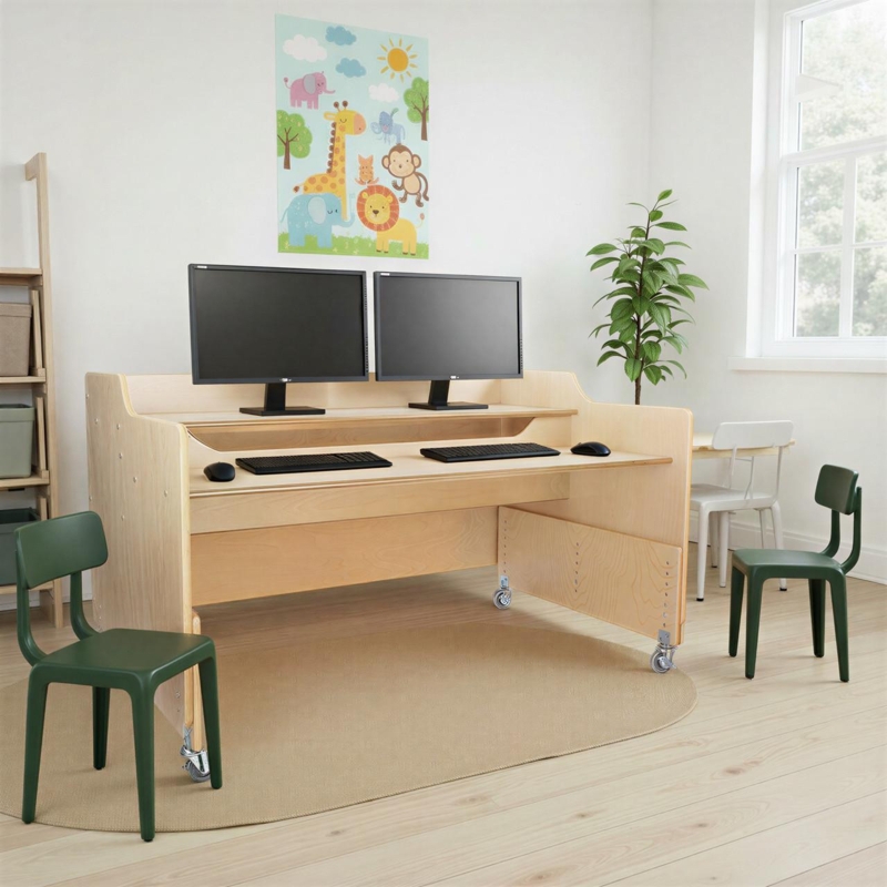 Computer Desk Tiered Plywood Construction Mobile Casters Natural