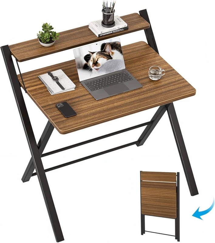Computer Desk Two Tier Shelf Espresso No Assembly Folding Compact Desk