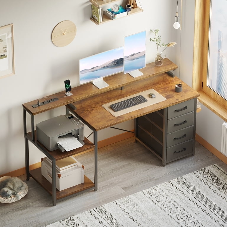 Computer Desk Vintage Wood Tiered Design LED Lighting Four Drawers