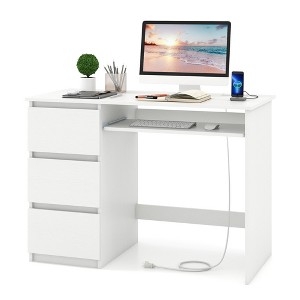 Computer Desk White Integrated Hutch Keyboard Tray Three Drawers