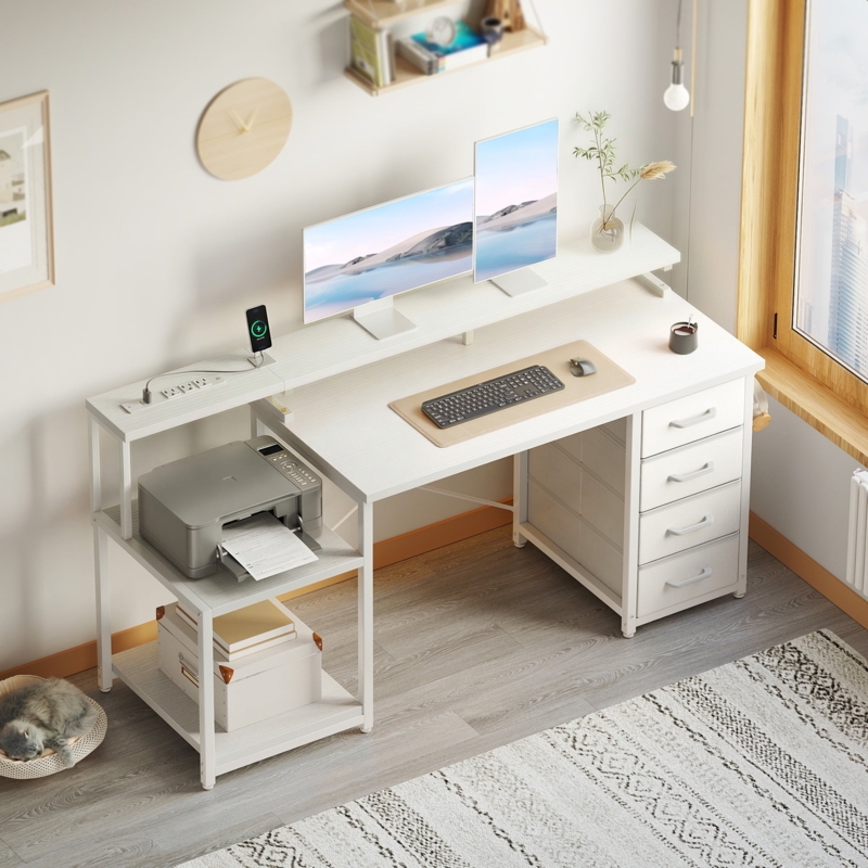 Computer Desk White Tiered Hutch LED Lighting Storage Drawers