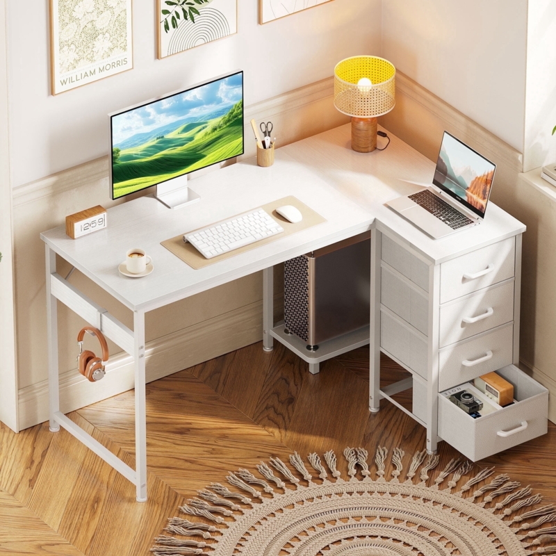 Computer Desk White with Fabric Drawers and Side Hook Minimalist