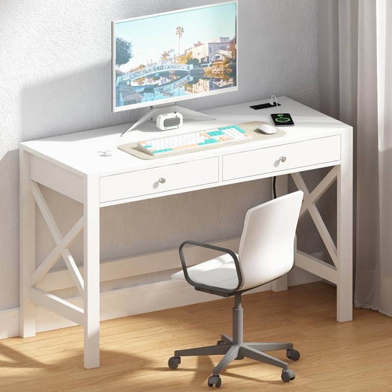 Computer Desk White X-Brace Sides Two Drawers Integrated Outlets