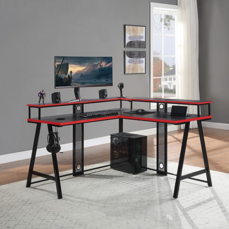 Computer Desk with Carbon Fiber Texture. Modern corner desk with LEDs.