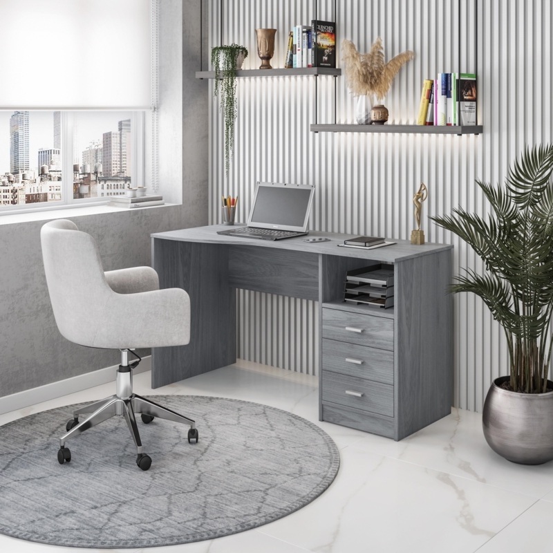 Computer Desk with CPU Compartment, Gray Wood Grain, Keyboard Tray.