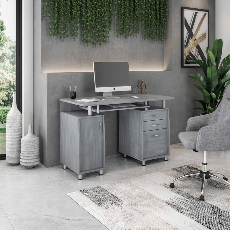 Computer Desk with Elevated Hutch, Grey Wood Grain Storage.