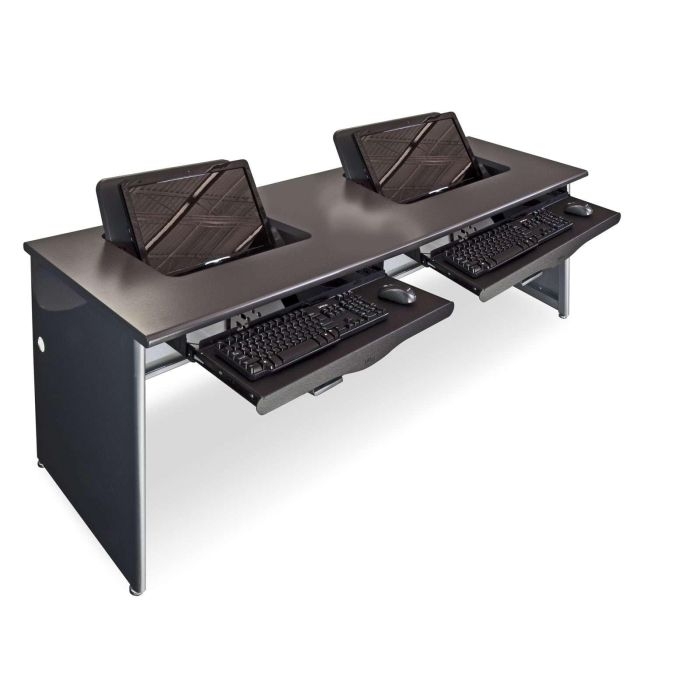 Computer Desk with Flip-Up Monitors and Silver H-Frame Base