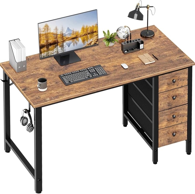 Computer Desk with Four Fabric Drawers and Side Accessory Hook