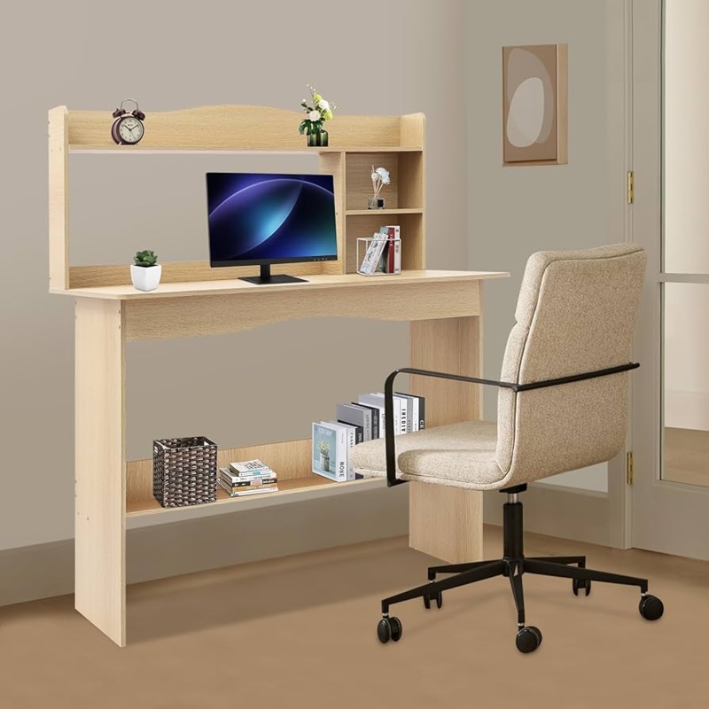 Computer Desk with Hutch & Bookshelf, Minimalist Wood Finish, Modern Style.